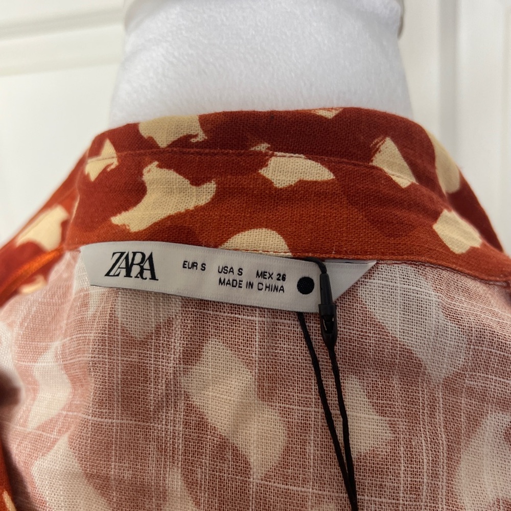 NWT Zara Linen Blend Printed Twisted Wrap Crop Top in Terracotta and Cream - Picture 7 of 8